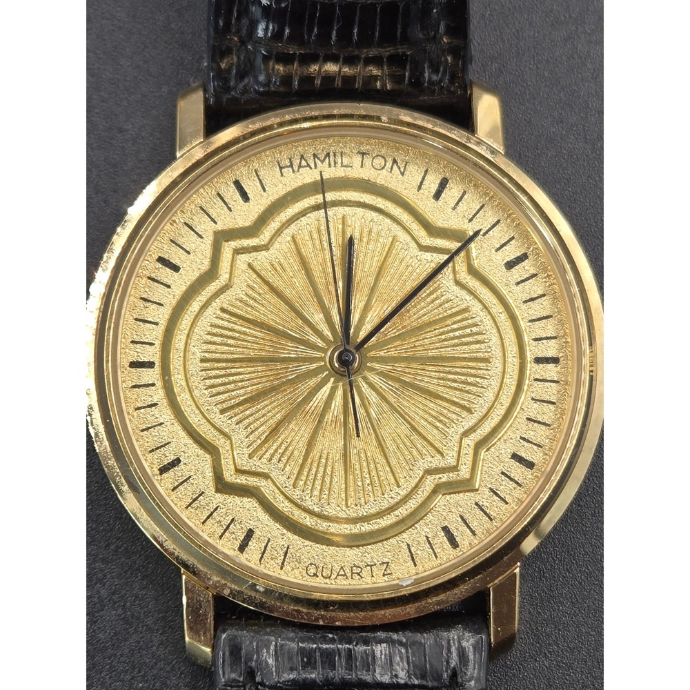Hamilton 8702 Quartz Watch Gold Tone Sunburst Dial Black Leather Strap Mens Vtg